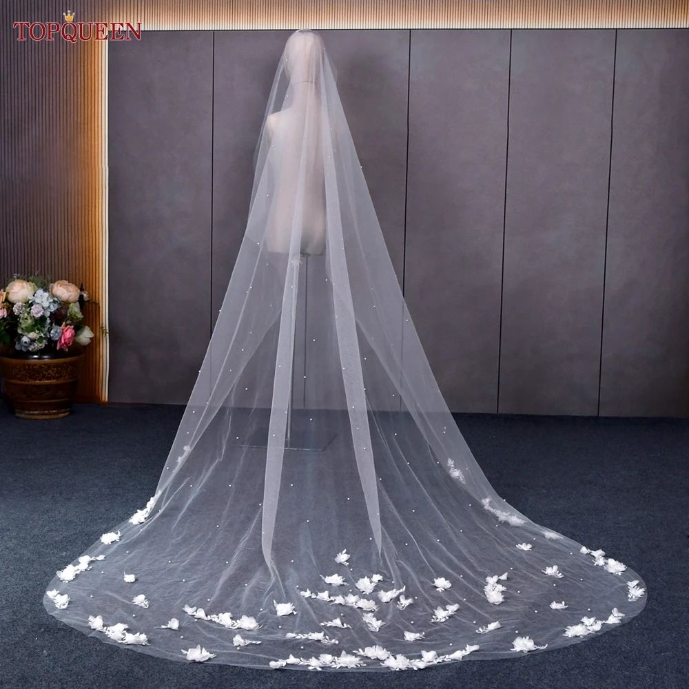 TOPQUEEN V52 Flowers Wedding Veil with Pearls Elegant Bridal Veils Long Train Bridal Shower Veu of Bride 3 Meter  Veu de Noiva