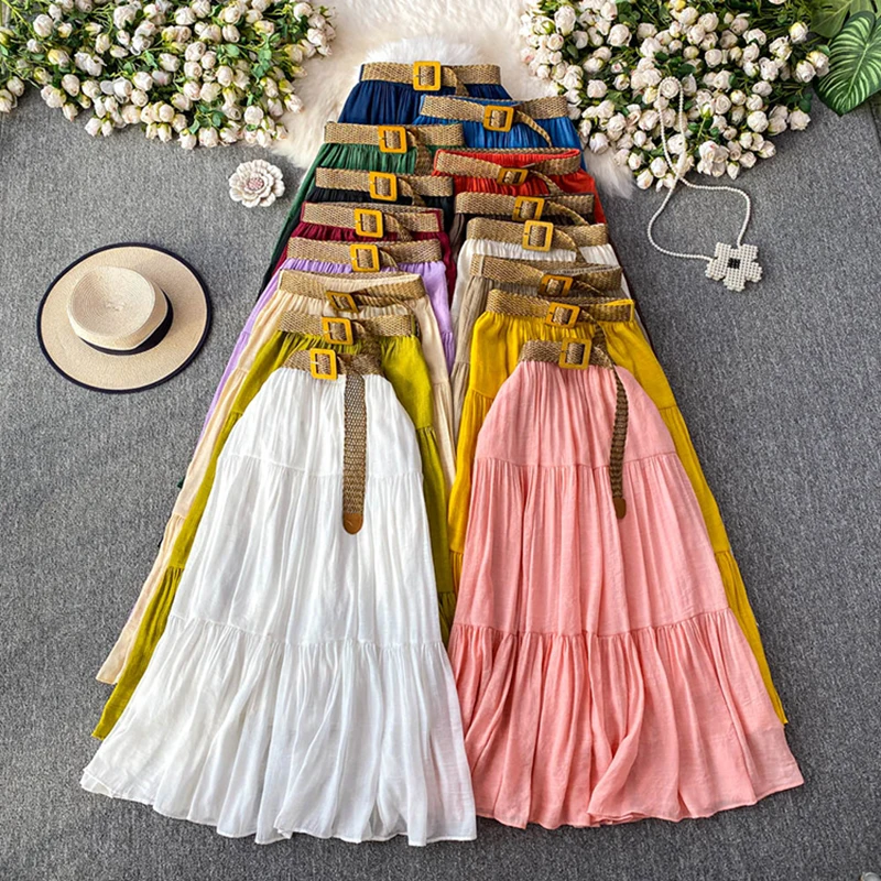 Solid color midi skirt women summer 2025 short medium to long casual high waisted slimming big swing fluffy cake skirt