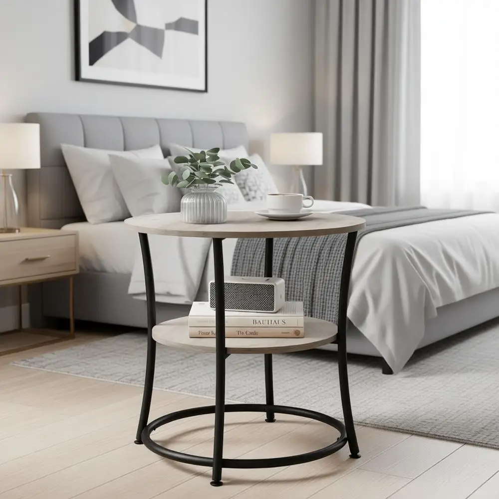 

21.7 Two-Tier Round Side Table with Steel Frame, Ideal for Living Room or Bedroom, Heather Greige and Ink Black