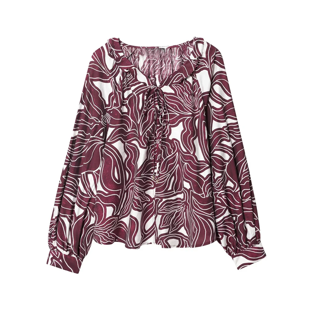 

Women's 2025 new fashion ruffled collar casual printed lace up top retro long sleeved women's pullover chic top