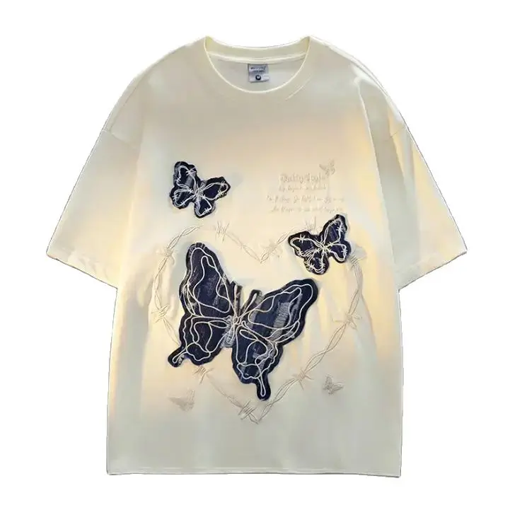 Summer High Street Butterfly Personality Graphic Short Sleeved American Couple Hip-Hop Loose Casual T-Shirt Top 2024 New
