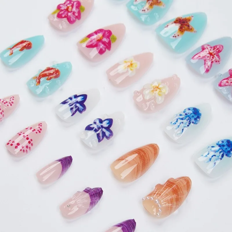 24PCS Summer Colorful Ocean Almond Fake Nails Cute 3D Flowers Jellyfish Shell Press on Nails Beach Vacation Style Acrylic Nails