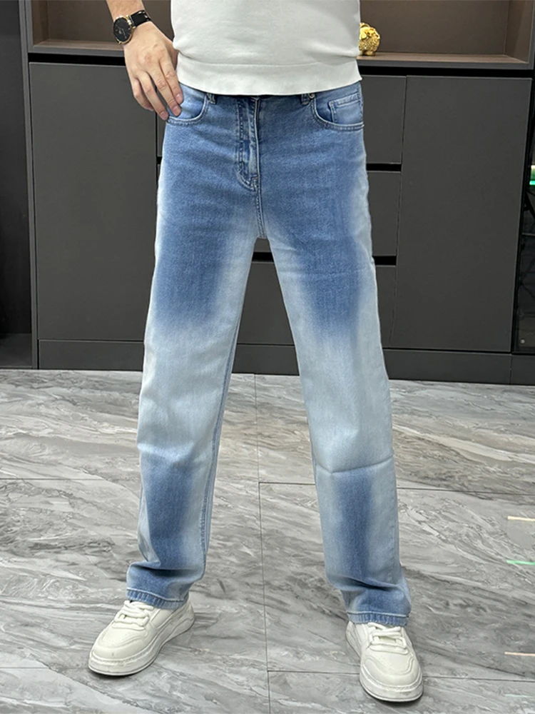

Spring Summer Thin Jeans Men's Loose Straight Leg Elastic Slimming Long Pants Casual Straight Cut Denim Trousers