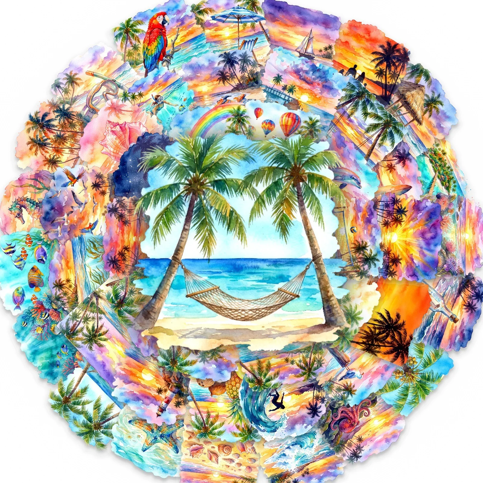 50PCS Watercolor Ins Style Tropical Beach Stickers Hawaii Style Transparent PET Decal Seaside Pattern for Journal DIY Decoration