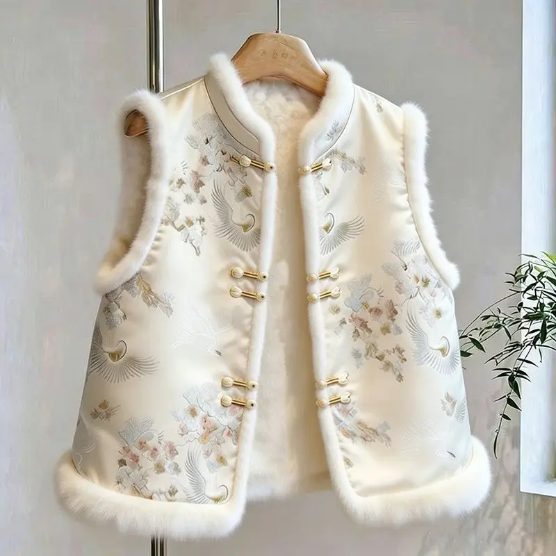 New Retro National Style New Chinese Coat Women's Velvet Warm Fashion Foreign Style Versatile Rabbit Fur Collar Vest Exquisite