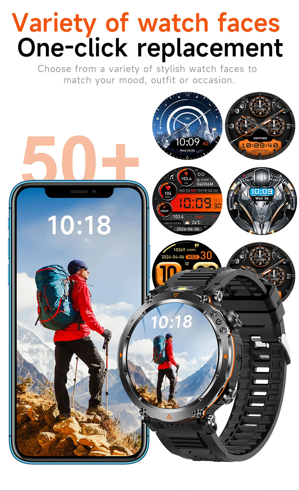 MEVADEN 1,7" großer Bildschirm Outdoor-Sportkompass Smart Watch Bluetooth Anruf Taschenlampe 600mAh Gesundheitsmonitor Smartwatch MD57 – Detail 5