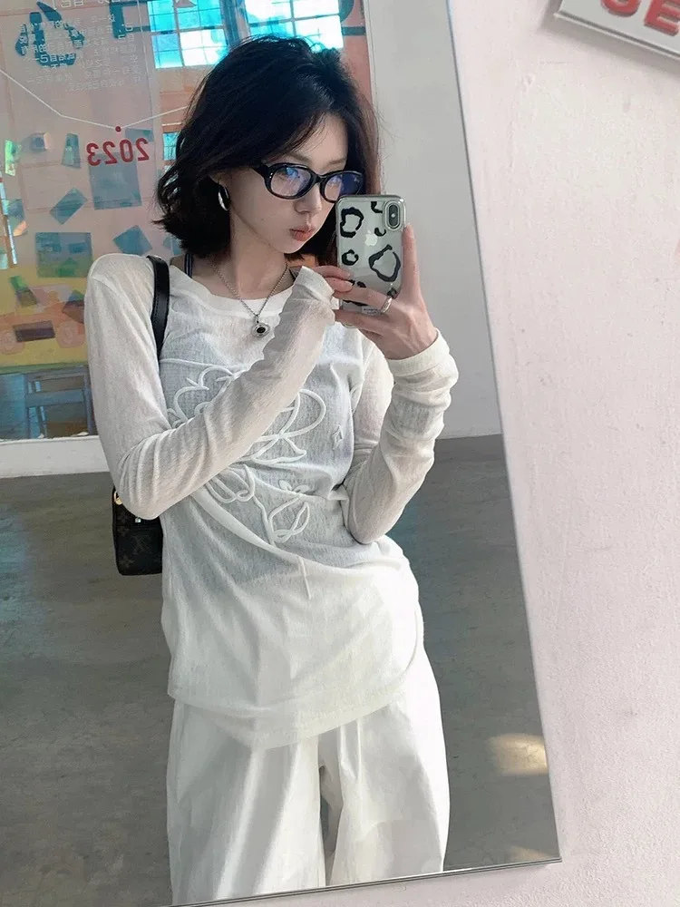 Retro Amerikaanse bloemenprint lange mouw dames T-shirt zomer slim fit design sensation small ence afslankend zonbescherming i...