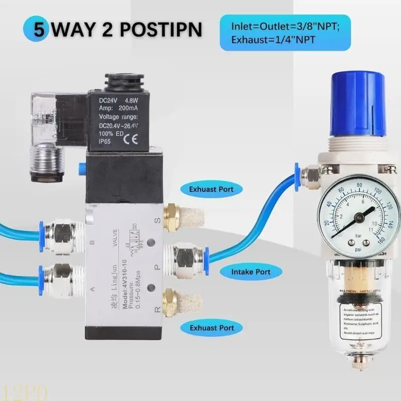 12PD Electric Control Air Gas Valves 4V310-10 24V Pneumatic Electric Solenoid Valves 5 Way, 2 Position Control