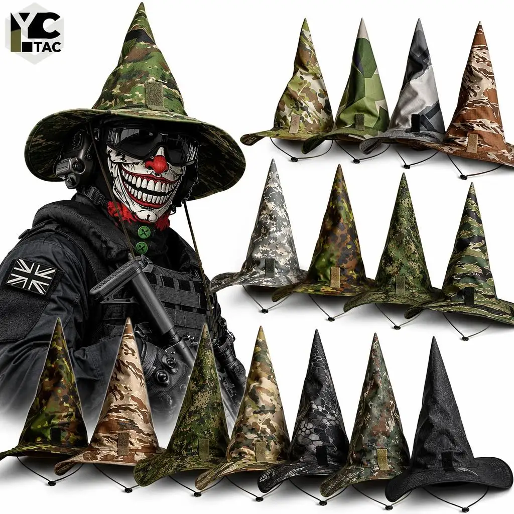 YCTAC Tactical Camo Wizard Hat Breathable Lightweight Foldable Wide Brim Cone Cap for Airsoft Halloween Cosplay