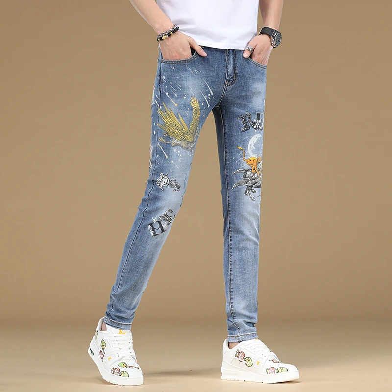 Fashionable all-match high-end printed men's jeans men's slim fit skinny stretch2024summer new blue color long pants