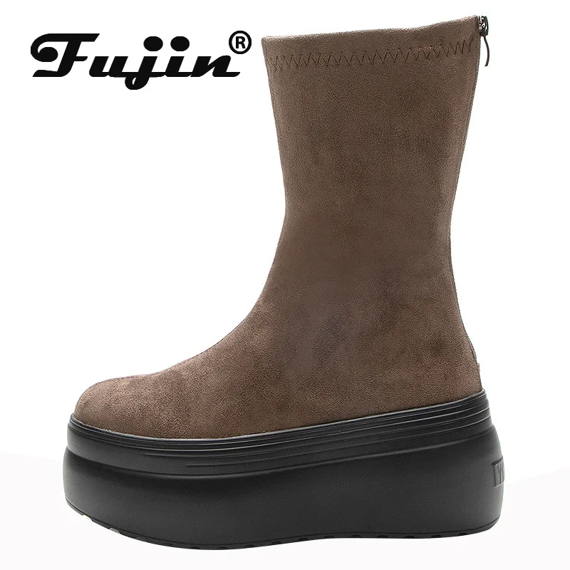 Fujin 8cm New Cow Suede Platform Wedge Spring Sheepskin Leather Hidden Heels Autumn Knee High Mid Calf Women Boots Booties Shoes