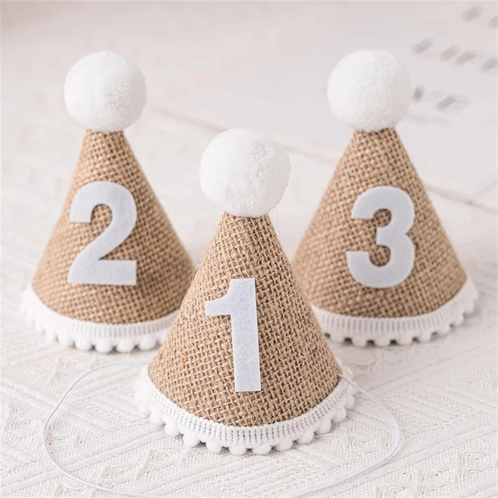 1 2 3 Burlap Hat Baby First Birthday Party Linen Felt Hat 1st 2th 3th Years Kids Baby Shower Hat Birthday Headband Decoration