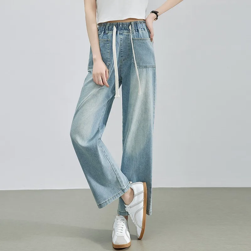 Women Casual Jeans New Arrival 2024 Spring Simple Style Double Pockets Basics Elastic Waist Female Straight Denim Pants W1781