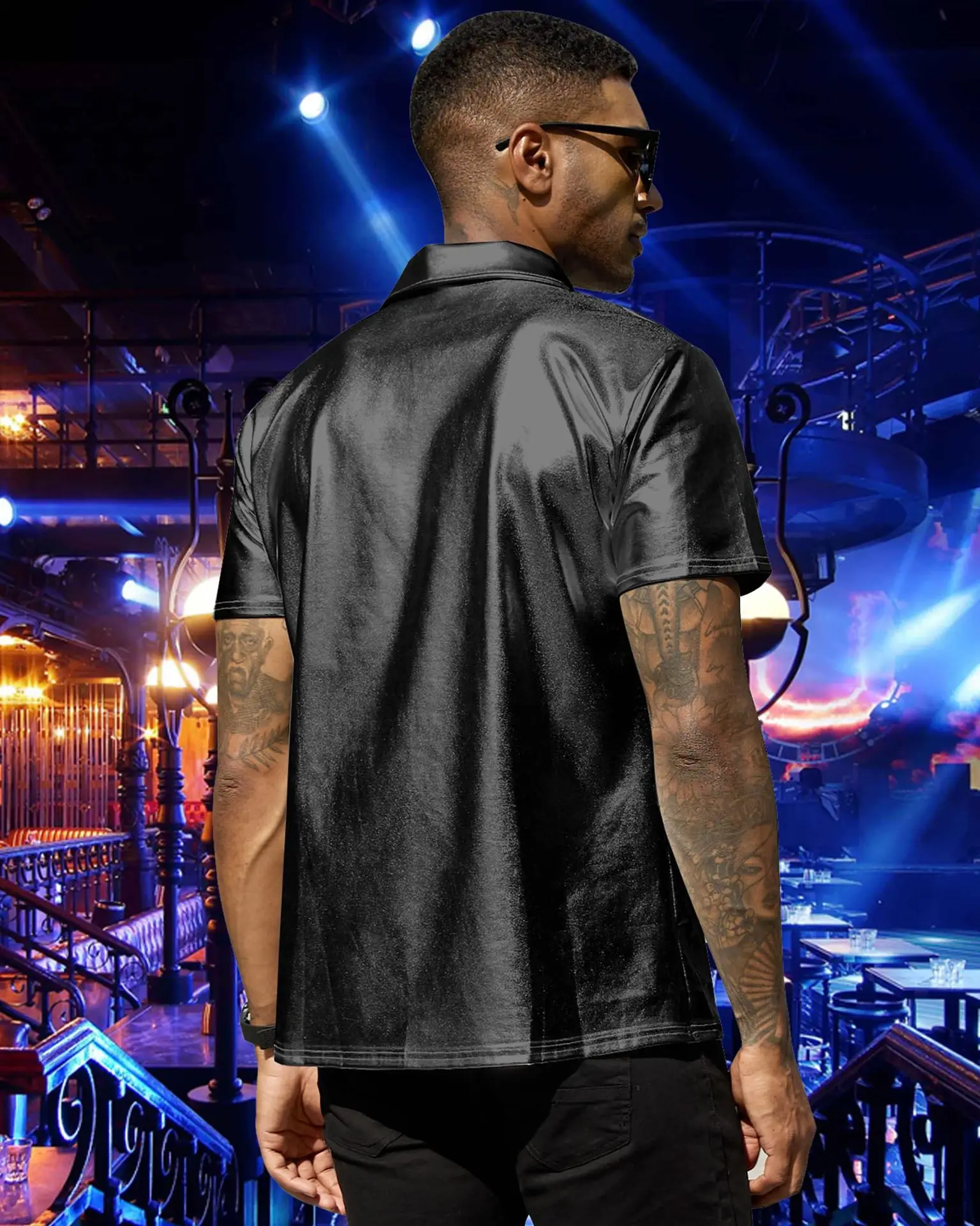 Men's Lapel Solid Color Glossy Nightclub Design Dynamic Fashion Sexy Men's Short-sleeved T-shirt