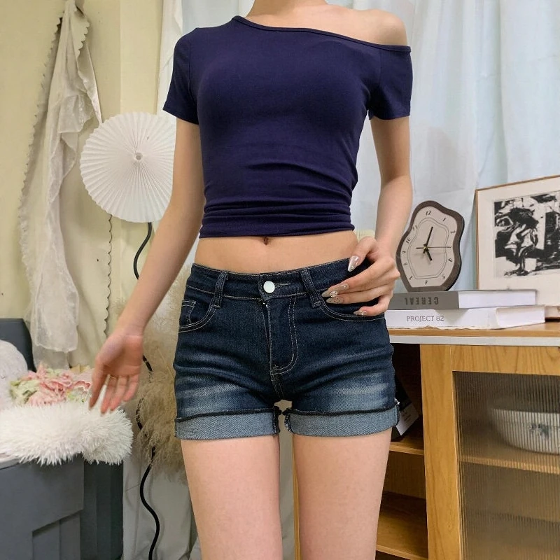 

Retro American Deep Blue Denim Shorts Women Summer Slimming Sexy Low Waist Elastic Cuffed Three Quarter Length Hot Pants