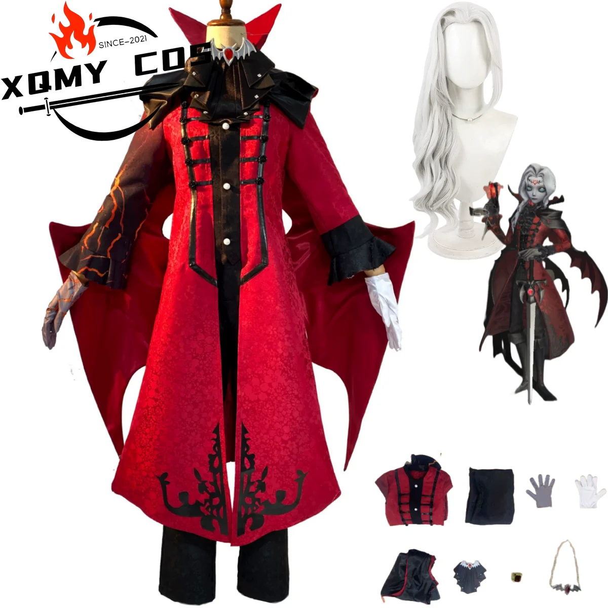

XqGame Identity Ⅴ Joseph Desaulniers Cosplay Costume Photographer Former Count Desaulniers Red Cloak Uniform Wig Man Party Uit