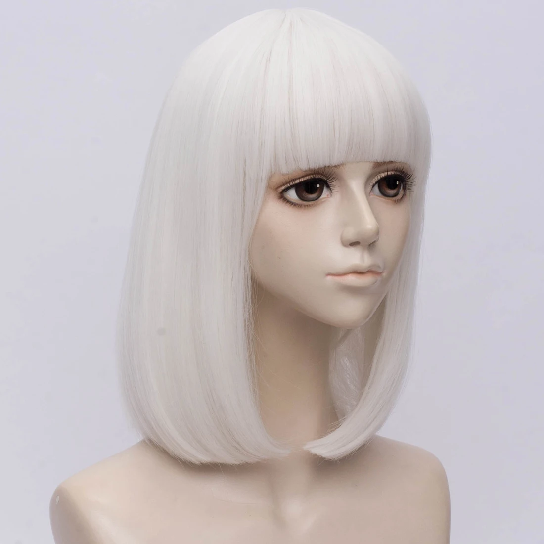 Parrucca bianca cosplay per feste di Halloween da donna corta dritta con frangia in fibra sintetica resistente al calore