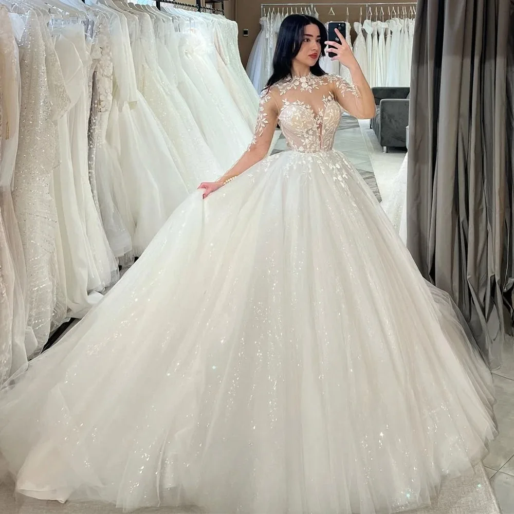 Princess Shiny Wedding Dresses For Woman Long Sleeve Appliques See Through Floor Length Bridal Gown Vestido De Novia Customized