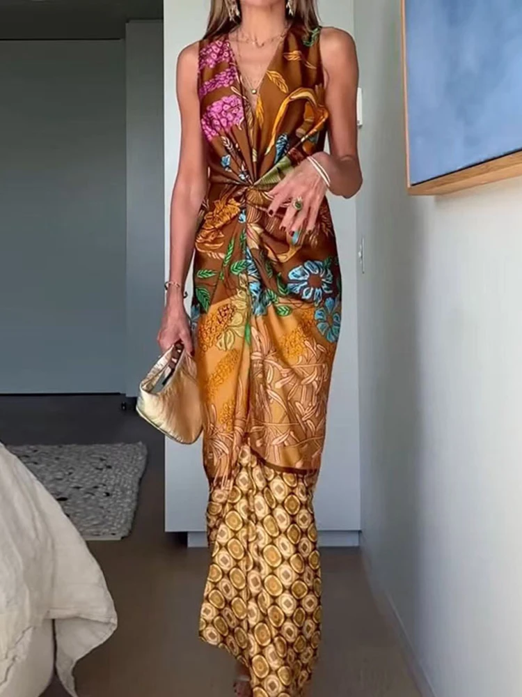 Sommerliches Ärmelloses Damenkleid mit Aufdruck, Festliches Modisches Schickes Patchwork-Maxikleid, Elegantes Damenkleid mit Tiefem V-Ausschnitt