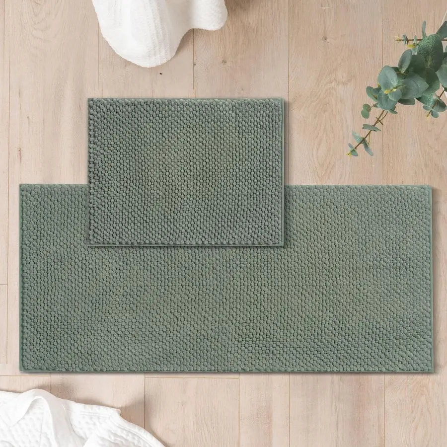 

Chenille Bathroom Rugs Set 2 Piece 17x24 20x47, NonSlip Bath Mats, Water Absorbent, Washable Shower Floor Mat, Sage Green