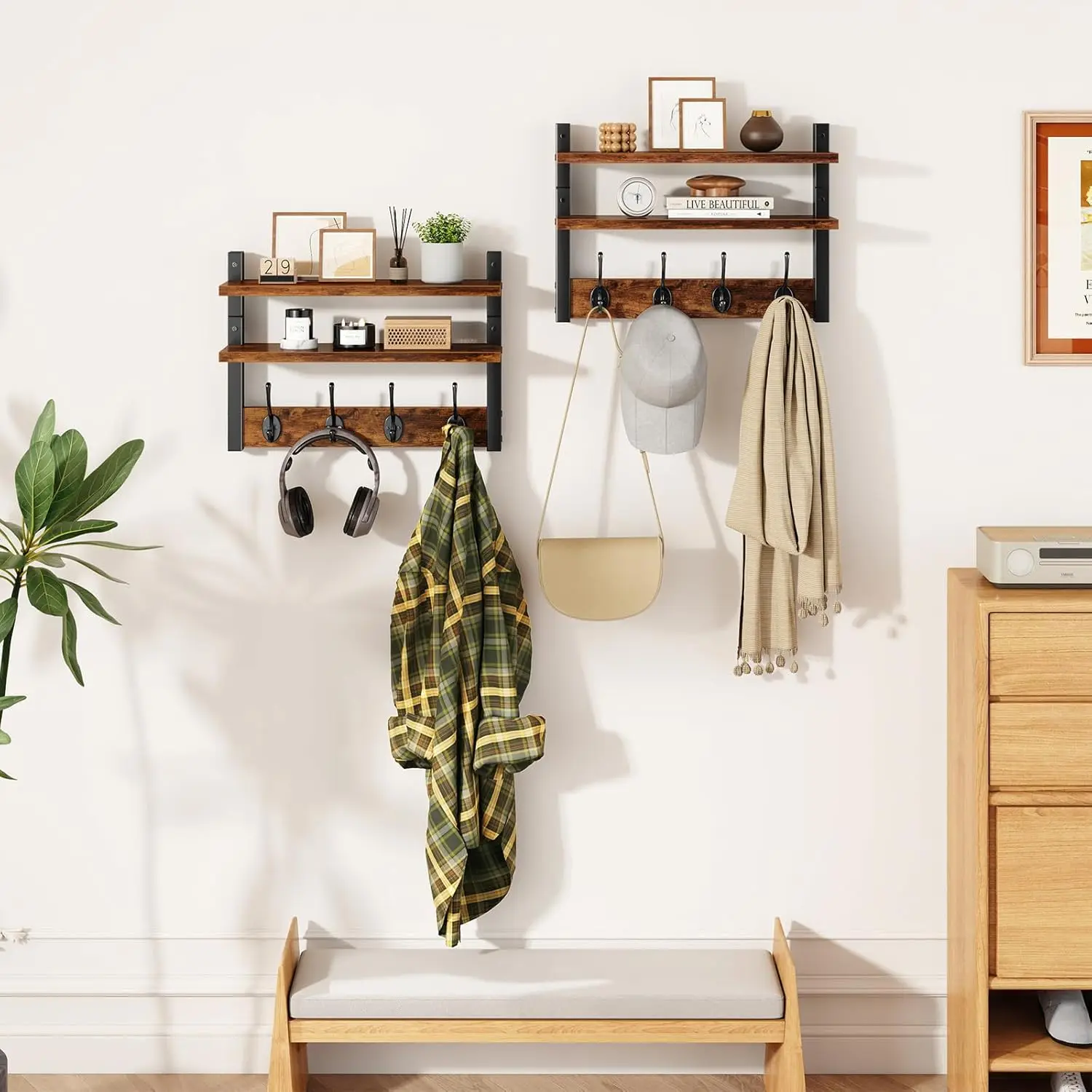 

Настенная вешалка для одежды с полкой, двухуровневая настенная полка с 8 крючками, деревянная настенная вешалка для прихожей, спальни