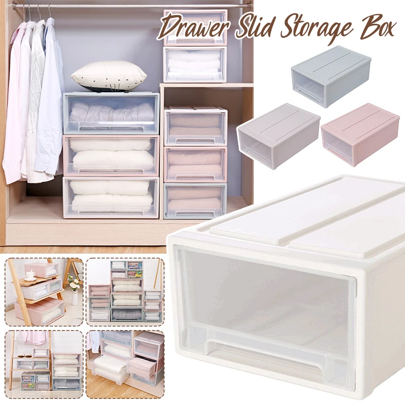 

Large Stackable Drawer Sliding Storage Box Clear Plastic Closet Organizer for Clothes, Underwear, Quilt & Cabinet Storage