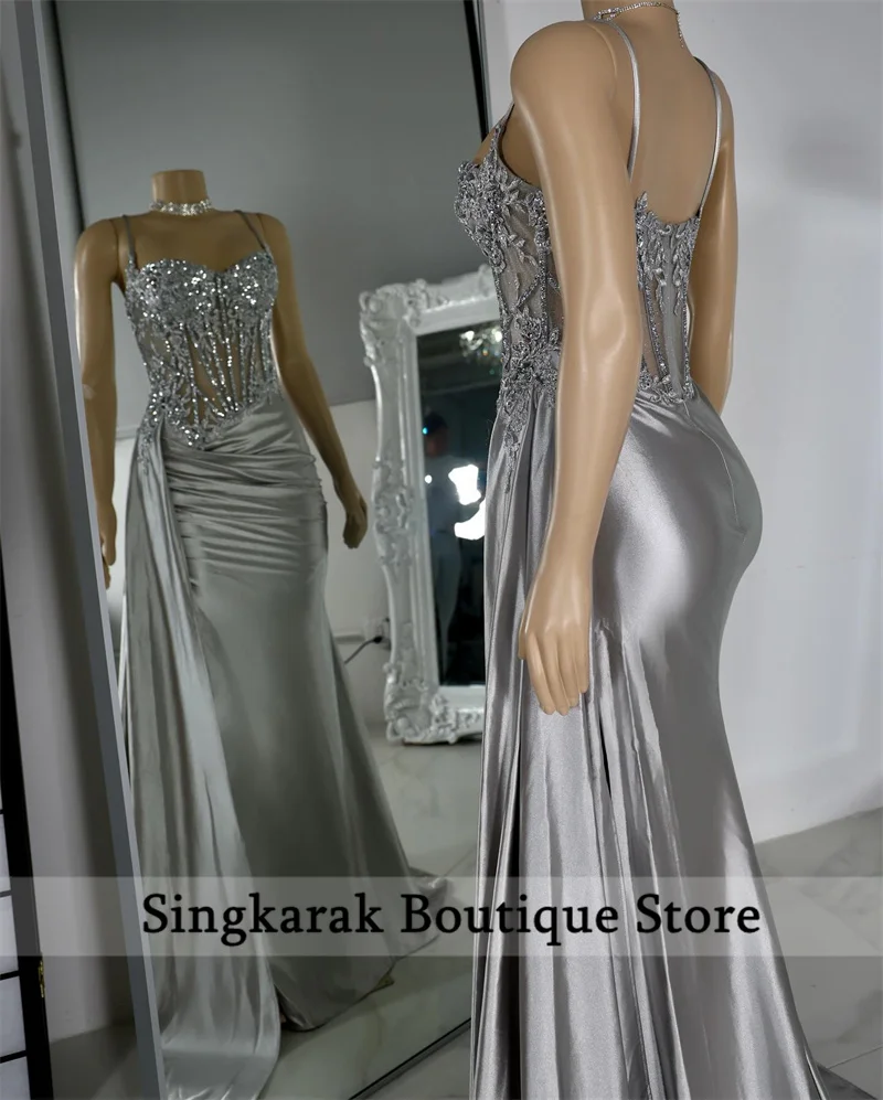 Nuevo diseño, vestido largo de fiesta gris plateado, correas con abertura lateral, apliques de diamantes de imitación, vestidos de fiesta de cumpleaños, vestido de noche plisado personalizado