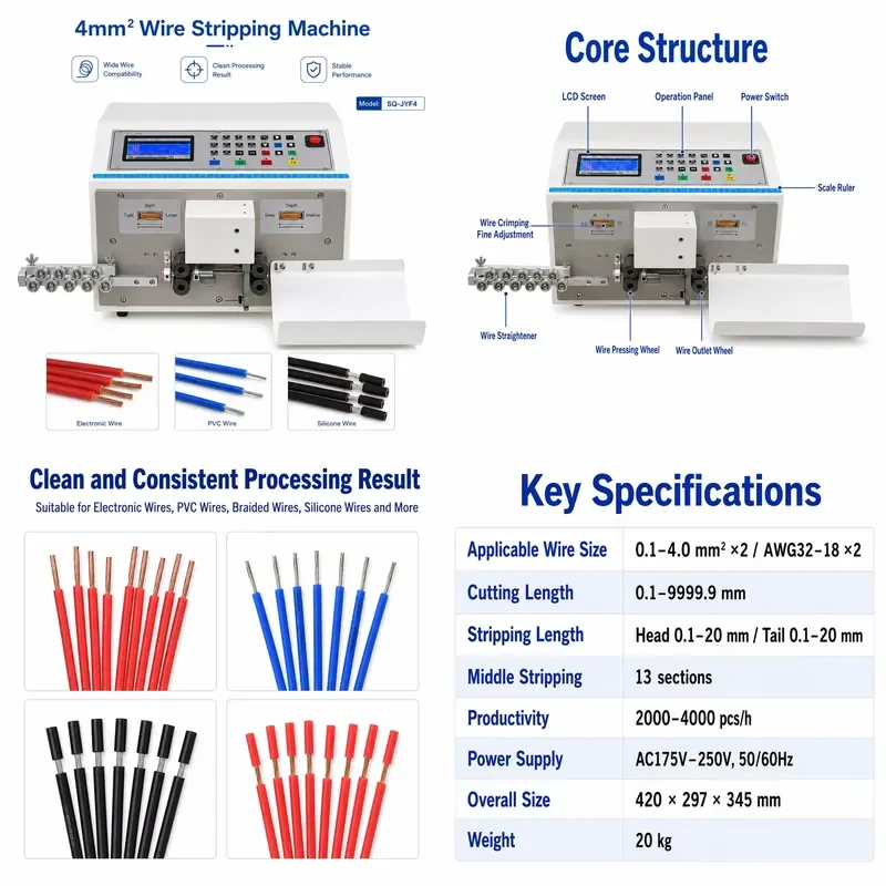 Automatic wire cutting and stripping machine 0.1-4 square mm 1-100000 mm length, LCD screen, four-wheel drive, for wire