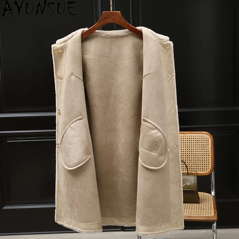 เสื้อโค้ทขนสัตว์แท้ 100% ยี่ห้อ AYUNSUE สำหรับผู้หญิง ปี 2025 แจ็คเก็ตขนแกะแท้ เสื้อผ้าฤดูหนาวสำหรับผู้หญิง ขนสัตว์ผสม เสื้อโค้ทขนสัตว์ ความยาวปานกลาง