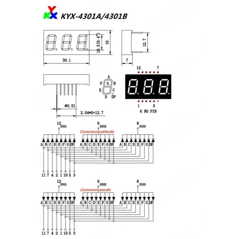 10 قطعة 0.4 بوصة 3Bit الضوء الأبيض وحدة رقمية KYX-4301AW/BW 30*16*7 مللي متر 12Pin LED Digitron الأنود المشترك الكاثود أنبوب رقمي