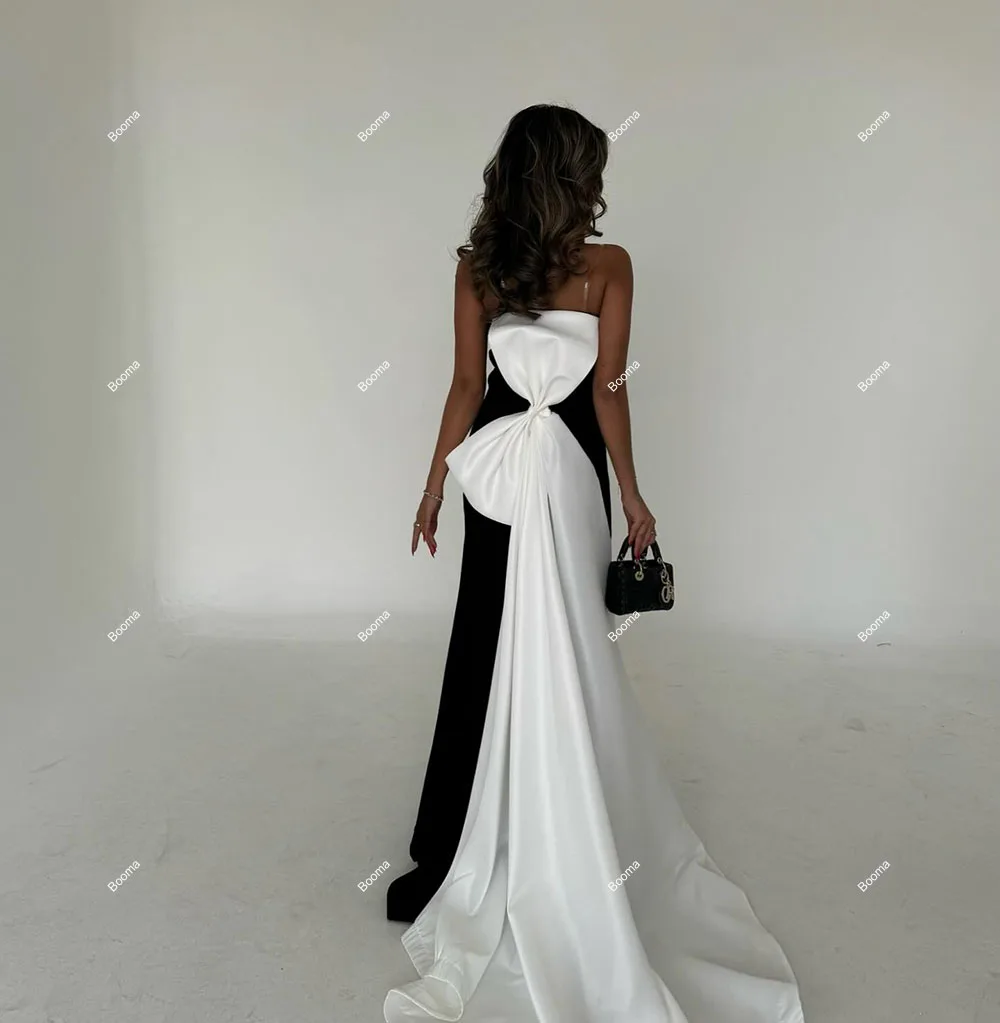 Booma Black and White Mermaid Evening Dresses Strapless Appliques Formal Party Gowns for Women Draped Bow Prom Dresses Dubai