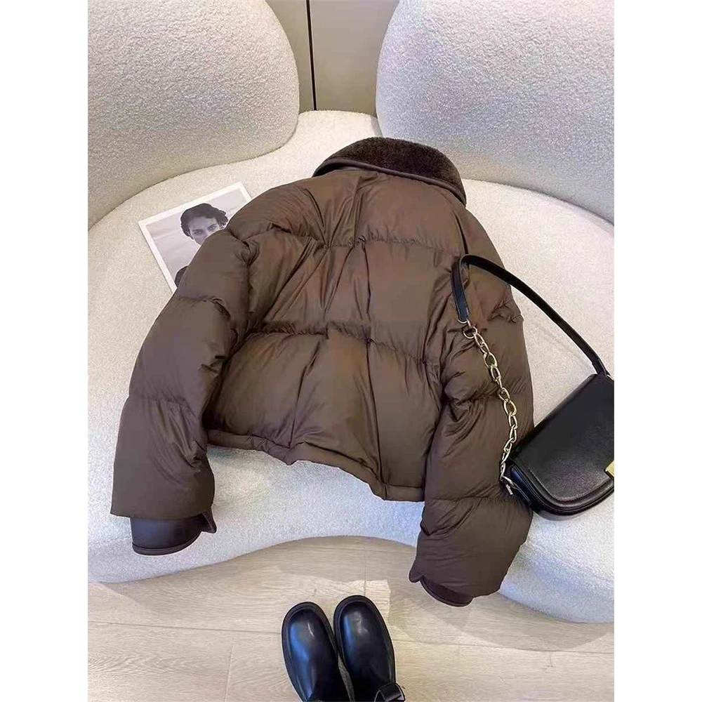Women's Brown Cropped Parka Jacket Coat Long Sleeve Outerwear Thicken Warm Overcoat Harajuku Padded Jacket Vintage Winter 2025
