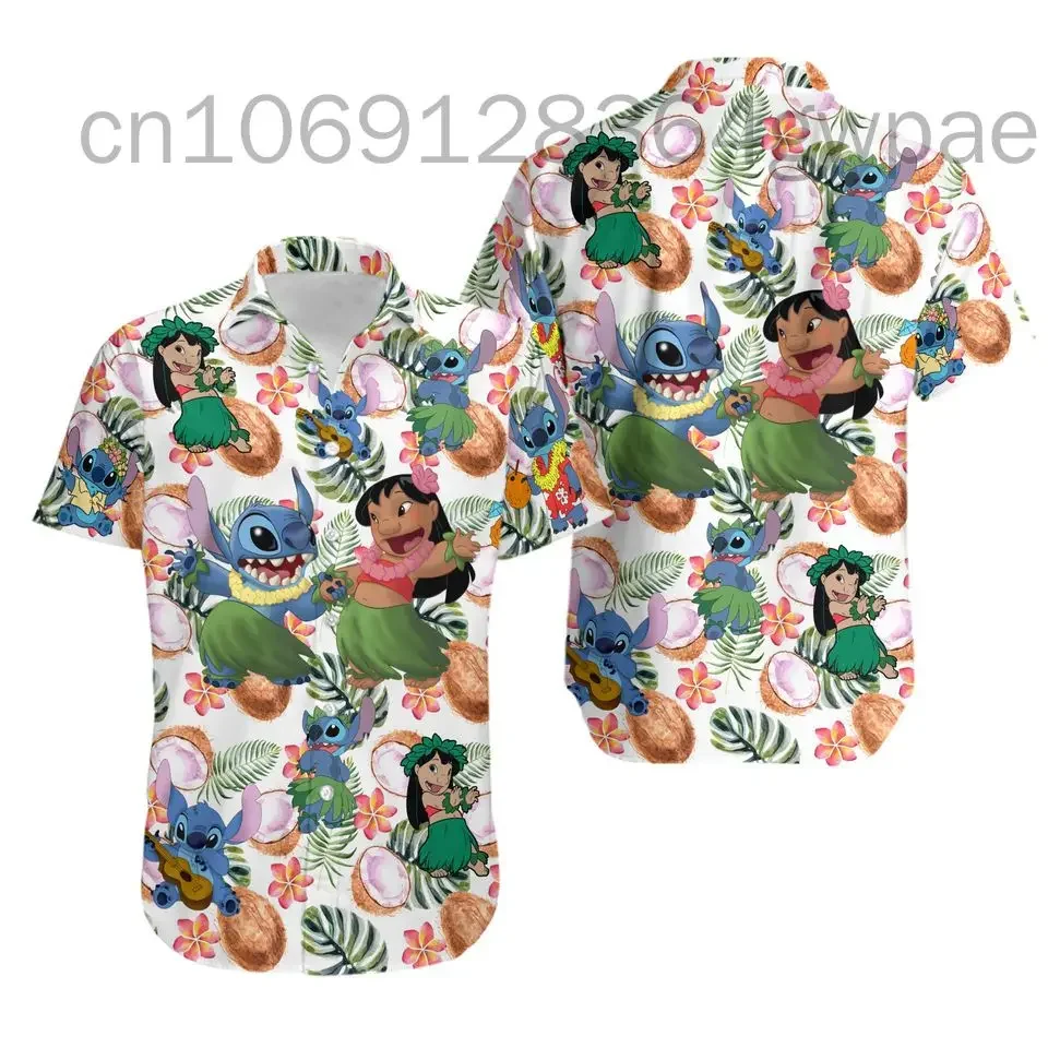 Disney Stitch i Lilo koszula hawajska męskie damskie z krótkim rękawem koszula plażowa Disney Cartoon urocze casualowe zapinana koszula hawajska