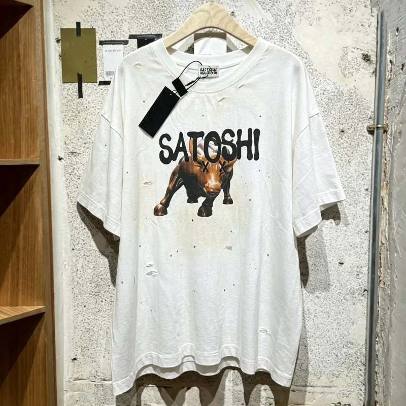 Oversize Cotton Men Women Streetwear Distressed Washed Worn Hole SATOSHI Tshirts Letter Logo Cow Print Round Neck Short Sleeve