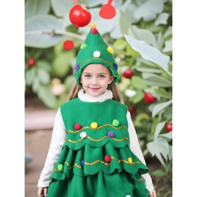 

Children's Christmas Tree Cosplay Dance Costume for Girl Boy Party 2 Pieces Set Green Sleeveless Plush Ball Tops and Hat Set