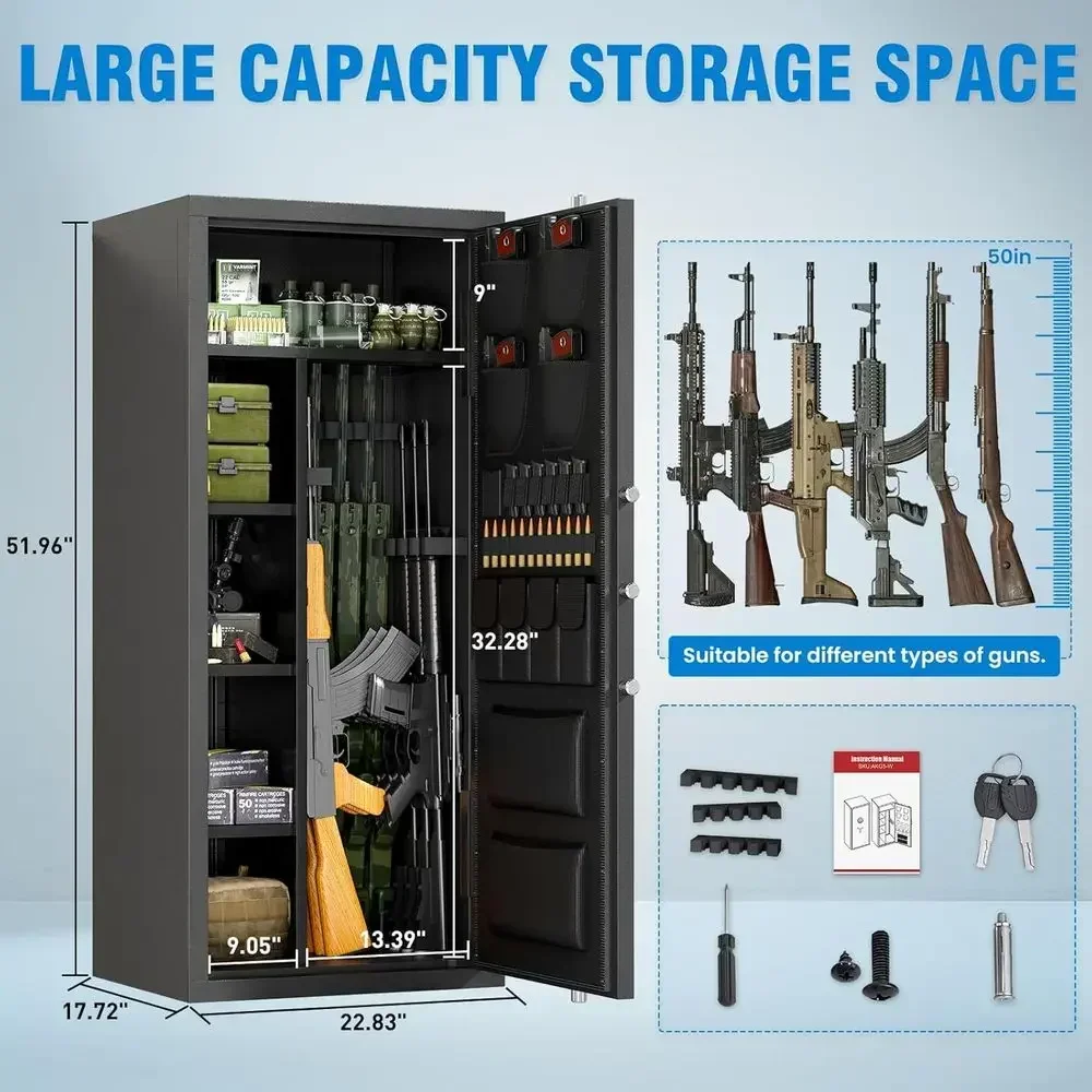 20-25 Capacity Digital Keypad Safe for Firearms and Shotguns with Dual Alarm and Mute Feature, Adjustable Gun Rack