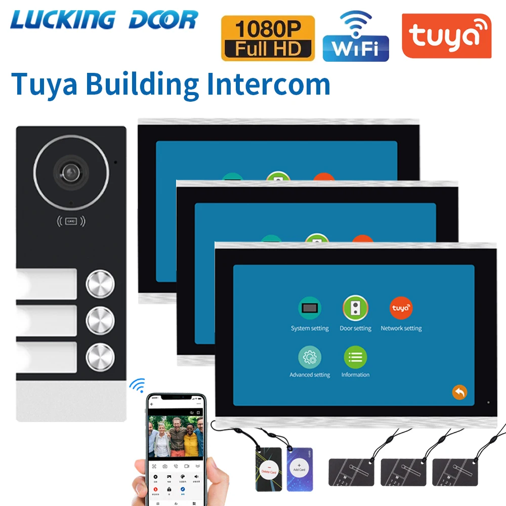 Multi-family TUYA WiFi Video Doorphone Doorbell Building Intercom 10 Inch Touchscreen Monitor APP Card Unlock 3-Family Apartment