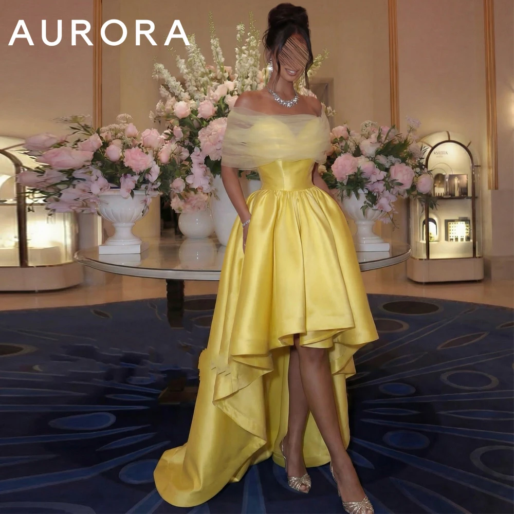 Aurora Exquisite Yellow Off The Shoulder High Low Evening Dress Sheer Tulle Ruffle Satin Formal Party Gown شارون سعيد Customized