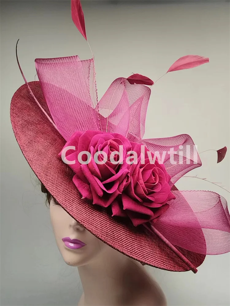 Duży kwiat fascynatory kapelusz nakrycie głowy kobiety Kentucky kościół millinery czapka damska Derby Feather Pillbox Fascinator kapelusze