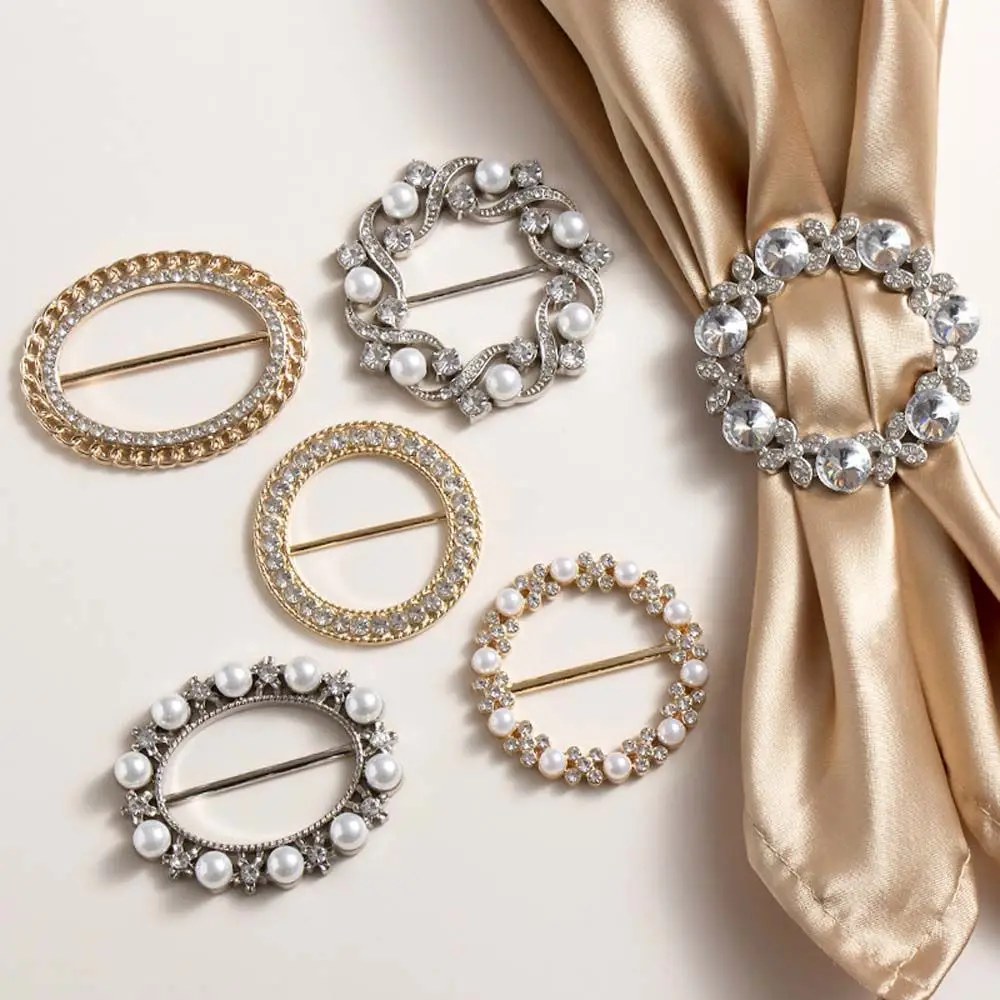Fashion Fashion  Jewelry Square Three-ring Crystal Pearl Scarf Buckle Scarf Ring Brooch Shawl Clip