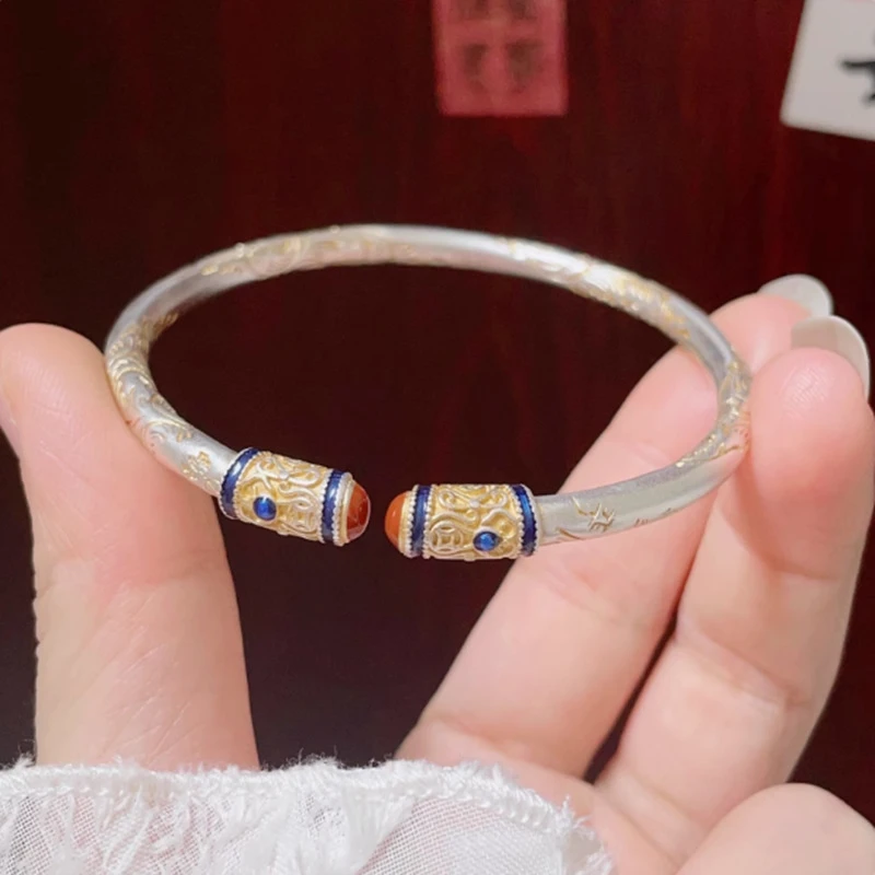 Retro Ancient Craft S999 Silver Open Bangle Embossed Tang Grass Motif Partial Gilding Enamel Gem Inlay Hypoallergenic Ladies Fin