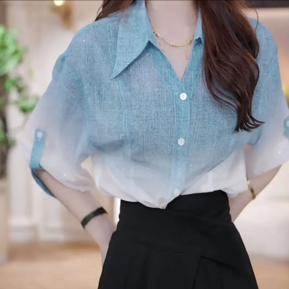 

Spring summer new French-style blue loose shirt sweet and fresh blouse comfortable and breathable fashionable casual top JJ100