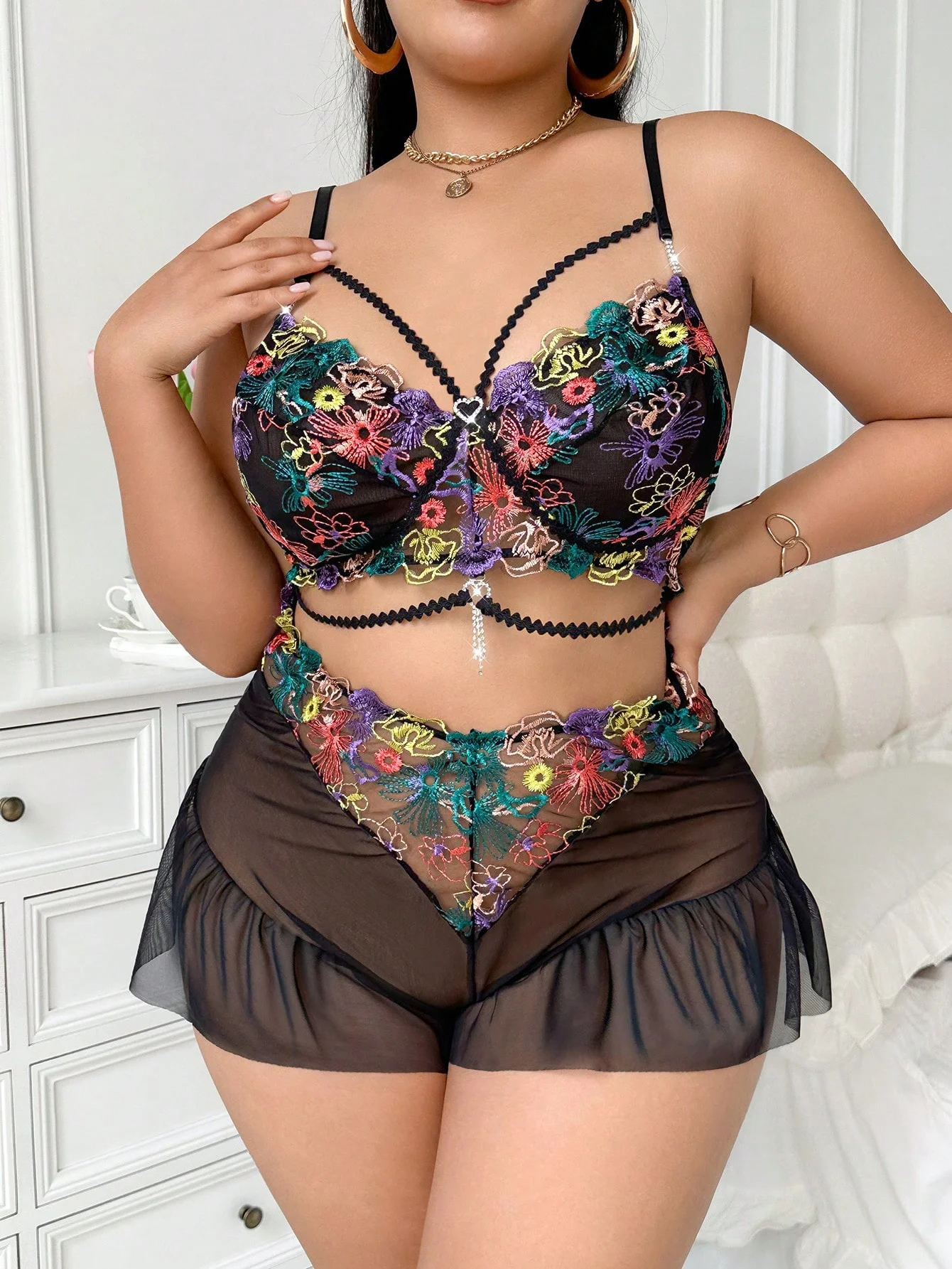 

SHElN Женский винтажный цветной халат больших размеров! Прозрачный прозрачный комбинезон с вышивкой и рюшами, сексуальный комбинезон для сна