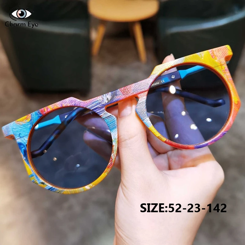 Fashion Women Luxury Retro Sunglasses Blue High-end Round Acetate Color Blocked Men Big Face Outdoor Travel Driving Sun Glasses