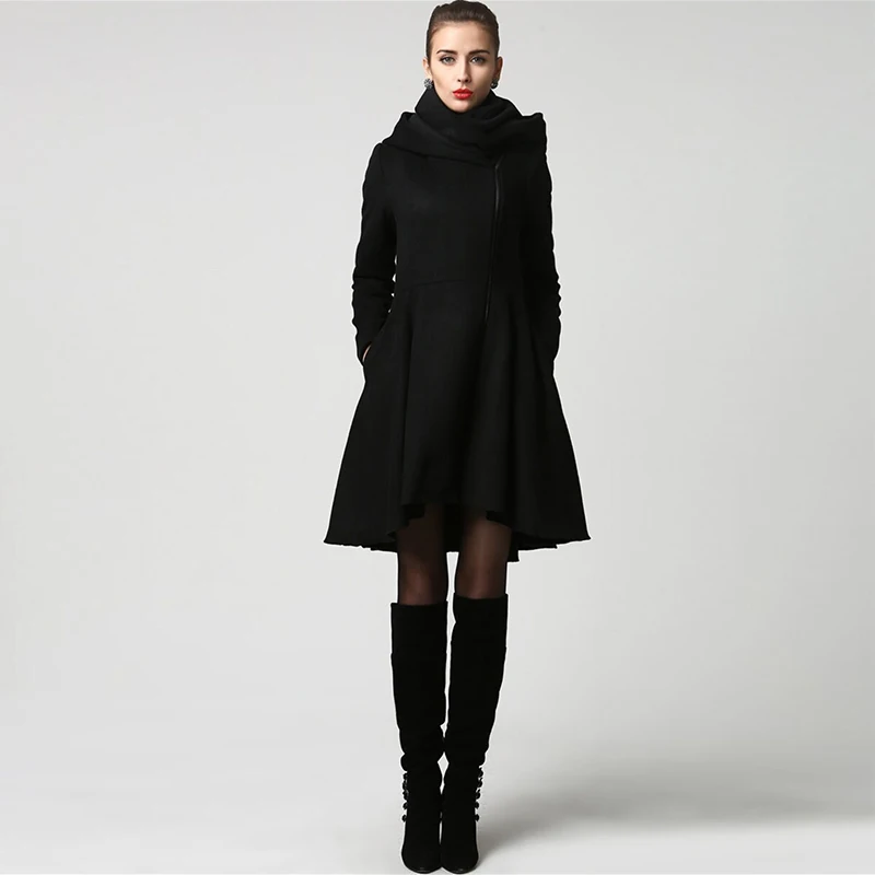 Damen Schwarzer Wollmantel mit Kapuze - Asymmetrischer Midi-Swing-Mantel mit Vollem Rock, Anthrazitfarbene Herbst/Winter-Oberbekleidung