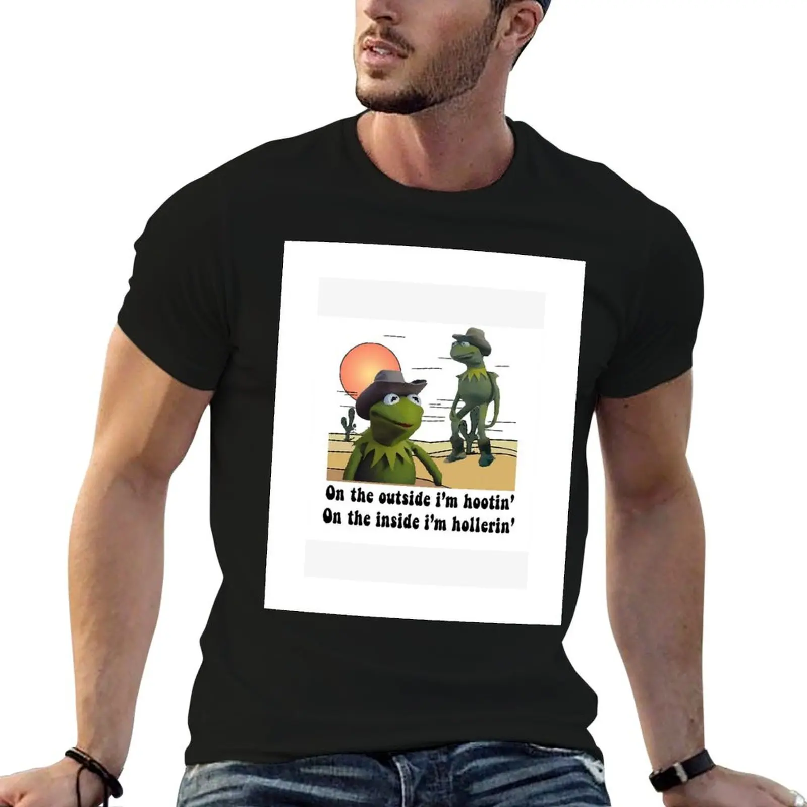On the outside i'm hootin on the inside i'm hollerin kermit cowboy meme T-Shirt Durable Work Wear T-Shirt