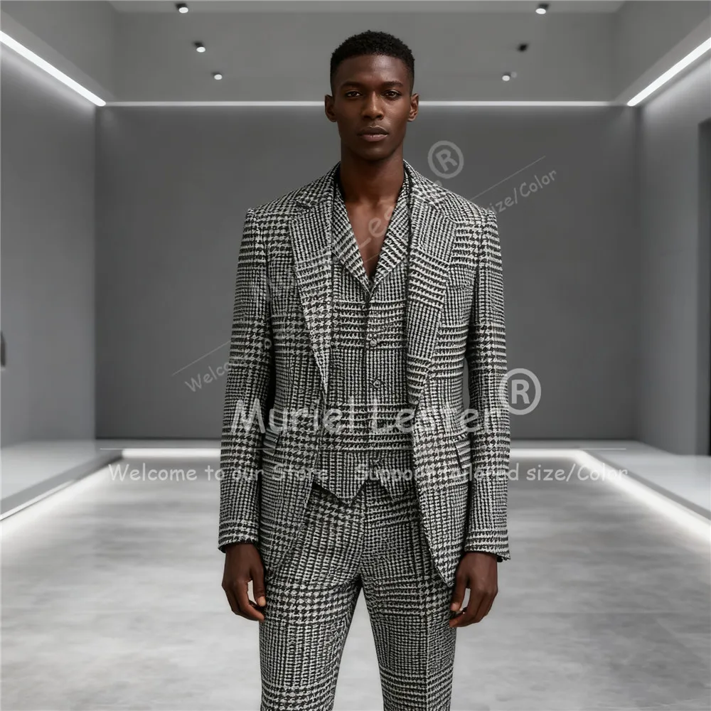 

Grey Plaid Checked Suit Attire For Men 3 Pieces Sets Single Breasted Prom Blazers Customized Houndstooth Groom Wedding Tuxedos