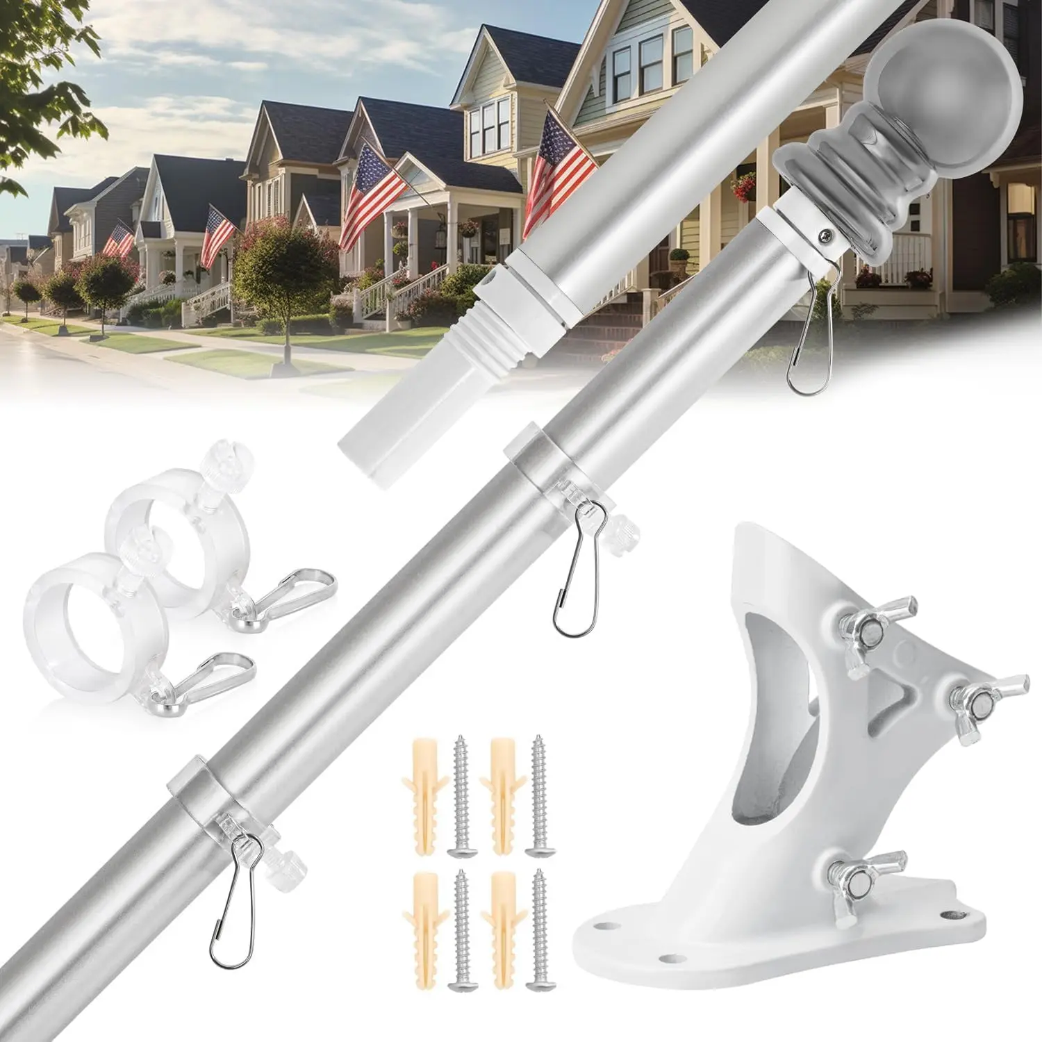

6FT Aluminum Flag Pole Kit with Wall Mount Bracket for Outdoor Use, Heavy Duty Flagpole Holder for House, Fits 3x5 Flags