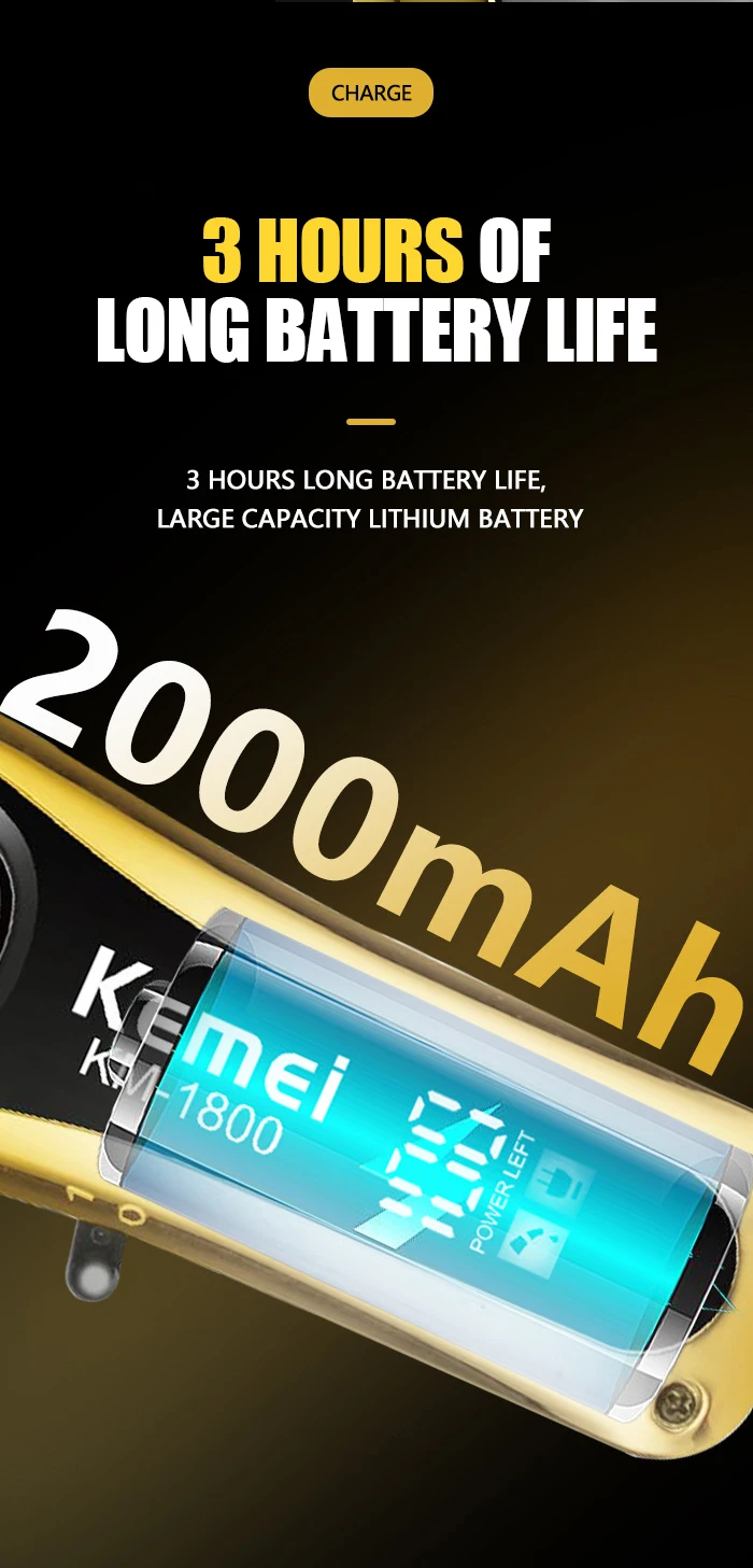 Kemei KM-1800 USB Schnellaufladbare Haarschneidemaschine 1200mA Wiederaufladbare Kabellose Haarschneidemaschine Kemei Elektrischer Haarschneider – Detail 6