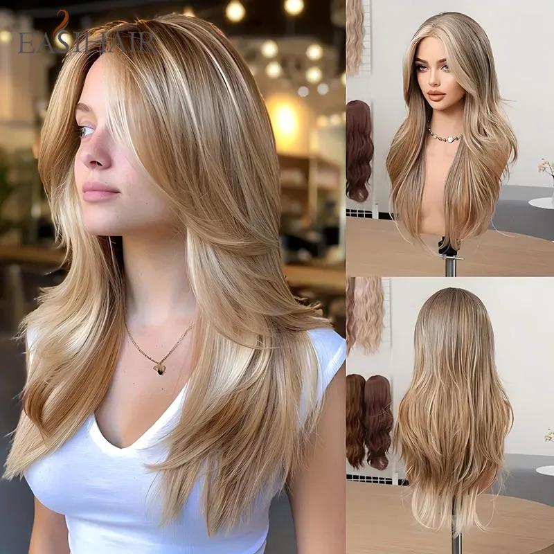 

EASIHAIR Honey Brown Wavy Synthetic Wigs for Women Long Blonde Curly Wigs With Curtain Bangs Long Flowing Hair Parties Cosplay